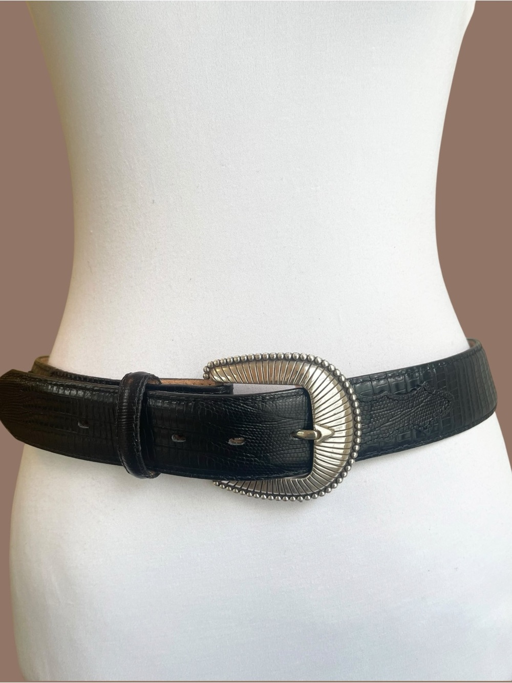 Tony Lama Black Lizard Embossed Leather Western Belt Silver Buckle Unisex 36